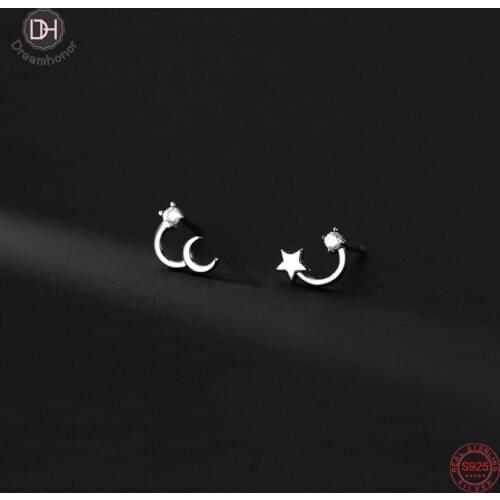 Dreamhonor Fashion Silver Asymmetry Star & Moon Zircon Stud Earrings Wedding Jewelry Wholesale
