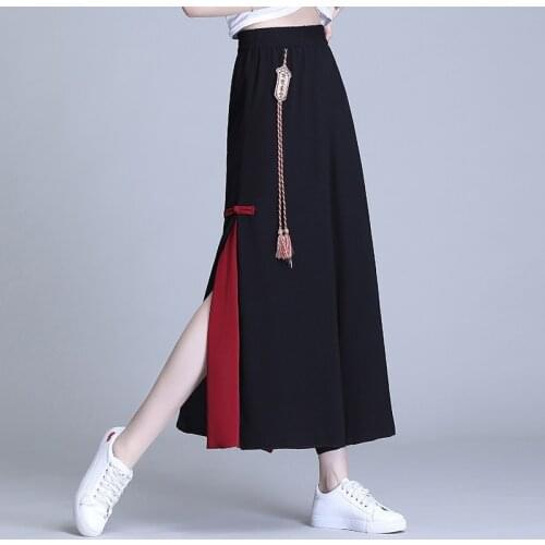 Womens Cropped Contrast Color Cropped Pants Womens Art Chinese Style Loose Pants Cotton and Linen Casual Trousers