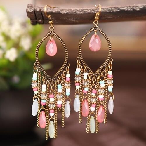 Vintage Colorful Crystal Chain Tassel Earrings for Women Handmade Beads Acrylic Bohemian Long Drop Dangle Earrings Jewelry