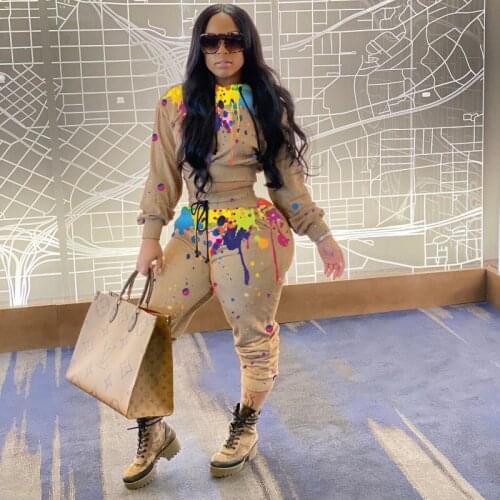 Fashion Two-piece Set For Women Sporty Jogger Pant Outfits Drawstring Solid Color Splash Ink Hooded Long Sleeve Trousers Suit