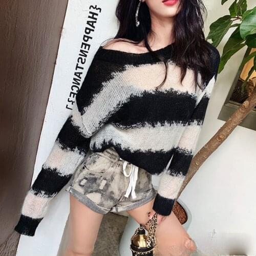 Woman Sweaters Black White Striped Hole Knit Oversized Pullover Sweater Fashion Transparent Mohair Vintage Sweater Autumn 2021