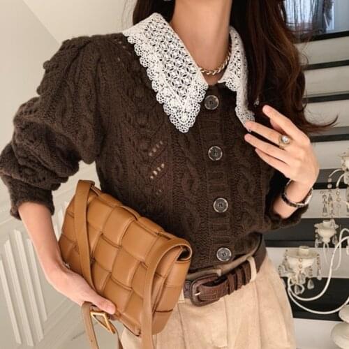 Korea Retro Temperament Lace Lapel Stitching Heavy Industry Twist Single-Breasted Long-Sleeved Knitted Cardigan Sweater Women