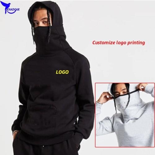 2020 Winter Cotton Sportswear Running Sweatshirt Men High Neck Face Mask Solid Hooded Pullover Jacket Gym Fitness Hoodies Custom