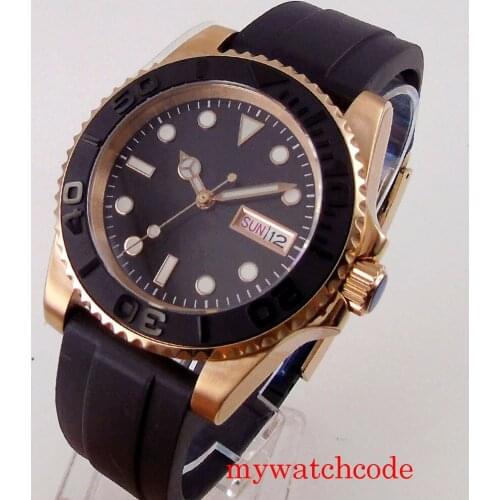 24 Jewels NH36A Rose Gold Plated Mens Watch Sapphire Glass Week Date Function Unidirectional Bezel Luminous Marks Rubber Strap