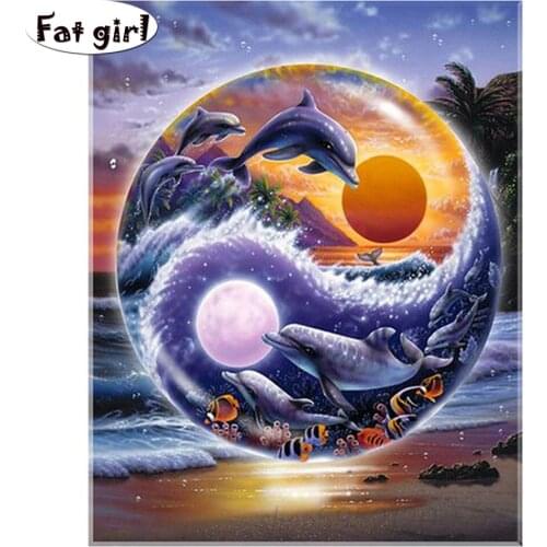 5D Diy Abstract art square round drill Diamond Painting Dolphins Sea turtles Cross Stitch Yin and Yang Dolphins Kit Handicrafts