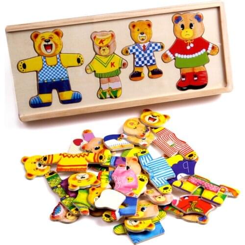72pcs Baby Wooden Cartoon Bear and Bunny Dressing and Dressing Jigsaw Puzzle Montessori educational toys for Children gift