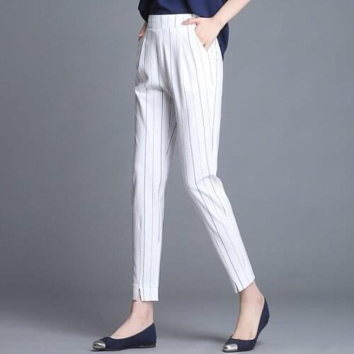 Stripes Elastic High Waist Ankle-Length Pants Women Casual Slim Pencil Pants Female White Suit Trousers Harem Pants Joggers