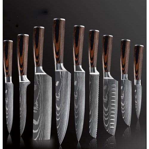 Kitchen Tools Professional Chef Knives Stainless Steel Imitation Damascus Pattern Santoku Cleaver Slicing Utility Knives