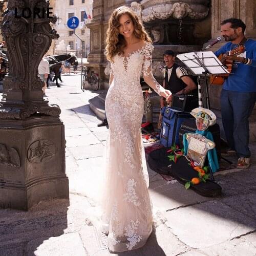 LORIE Exquisite Wedding Dresses Mermaid with Sheer Neckline Appliques Lace Bride Gowns Princess Wedding Party Gowns Long Sleeve