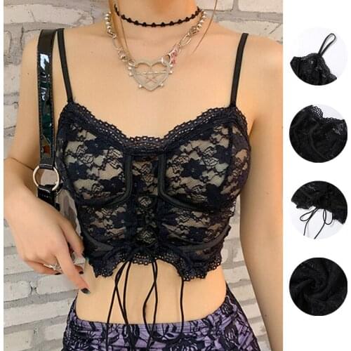 Erotic Gather Bra Strap Up Adjustable Corset Underwear Black See Through Flower Camisole lace Top Tank Women Crop Sexy Lingerie