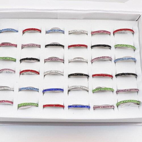 Wholesale 50 Pcs/lot Multicolor One Row Rhinestones Stainless Steel Rings Women Fashion Ring