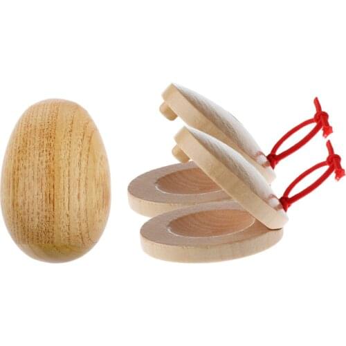 A Pair Wooden Castanets + 1 Piece Handcrafted Wooden Egg Rattle Toy for Kids Gift Hand Percussion