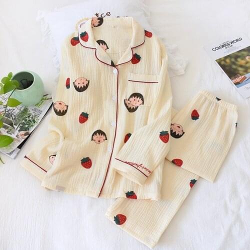 Spring and Autumn Ladies Cotton Crepe Pajamas Suit Cute Cartoon Long Sleeve Trousers Home Service Woman Summer