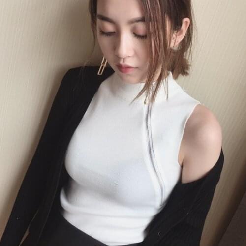 Girls Fashion Sheath Chic Zipper Slim Sleeveless T shirts Tanks Camis Top Ladies Striped/Solid Works Tops For Women G818