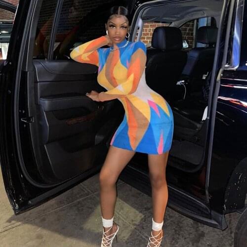 DSMTRC Baddie Streetwear Long Sleeve Skinny Mini Dresses Fashion Mock Neck Autumn 2021 Geometric Dress Midnight Club Clothing