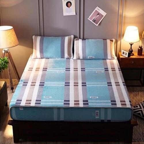 Thickened Flannel Fitted Sheet Stripe Print Double-sided Velvet Mattress Cover Bed Sheet Pillowcase Winter Bedding