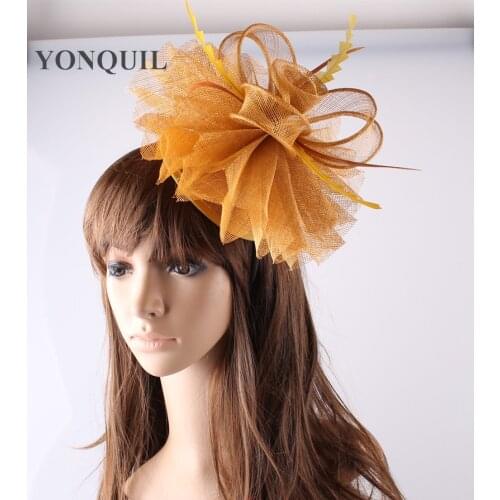 Attractive Special Women Royal Gold Fascinators Hats Elegant Ladies Wedding Occasion Feather Fedora Hats Party Headwear OF1522