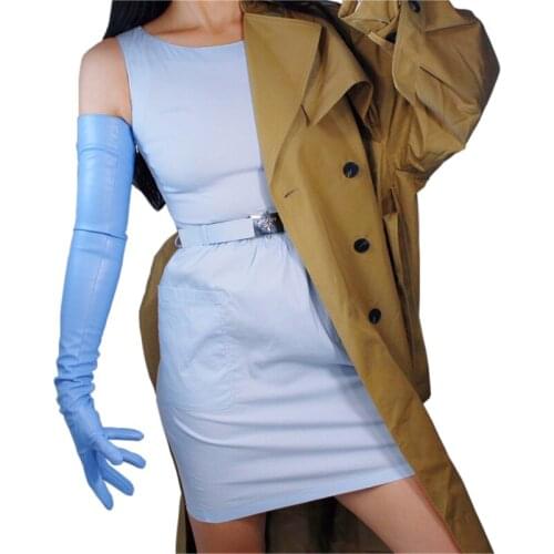 Ultra-Long Leather Gloves 70cm Extra Long Artificial Leather Imitation Leather Sheepskin Sapphire Light Blue Sky Blue PUQL-7