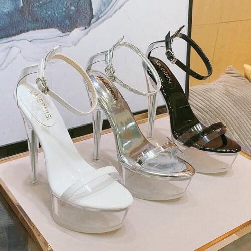 Pole Dancer Crystal Sandals Women 2020 Summer New High-heeled Womens Shoes Sexy Stiletto Model Show Slippers Silver One word