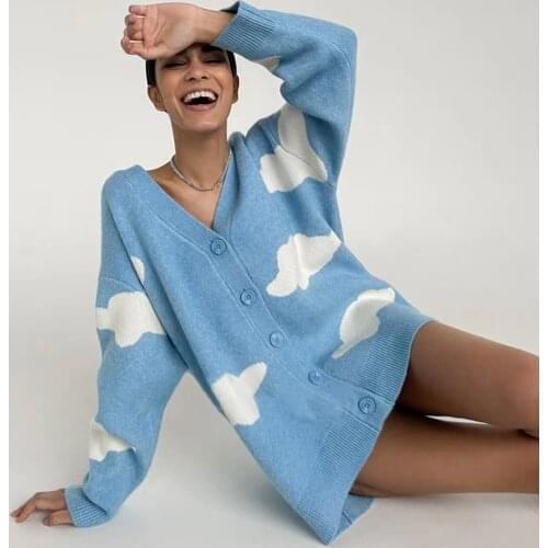 Autumn Winter Knitted Female Cardigan Loose Streetwear Knit Sweater Coat Clouds Print V Neck knitted cardigan Women Jacket 2021