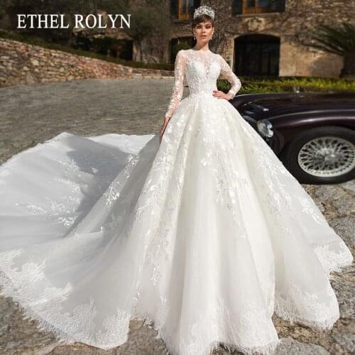 ETHEL ROLYN A-Line Wedding Dress 2021 Long Sleeve O-Neck Beaded Appliques Lace Up Princess Cathedral Bride Gown Vestido De Novia