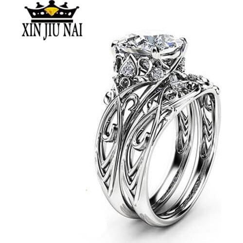 2pcs Ring for Women Double Rings Set Engagement Woman Cubic Zirconia Ladies Lover Party Wedding Couple Rings Silver 925 Jewelry