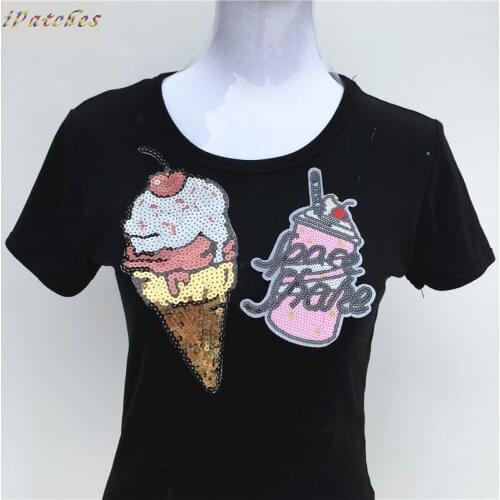 2pcs Pink Ice Cream Sequined Patch For Clothes Iron-on Embroidered Patch Diy Motif Applique Stickers Garment Accessories