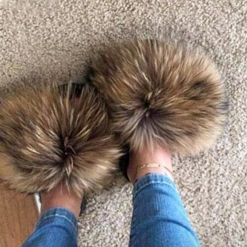 2020 Real Fox Slippers Fluffy Slippers Fox Fur Slides Fuzzy Sliders Soft Plush Fur Mules Summer Shoes Women
