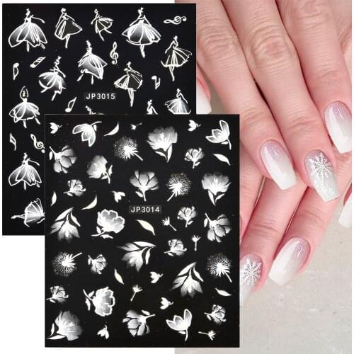 5D White Lace Flowers Nail Stickers Leaf Ballet Geometry Butterfly Gradient Abstract Self-Adhesive Nail Design Slider Decor