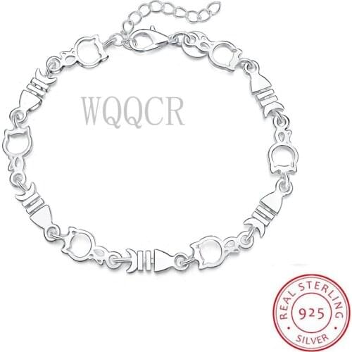 925 Sterling Silver Korean Cute Cat Fish Crystal Bangles & Bracelet Trendy Party Jewelry Adjustable for Women Lady Gift