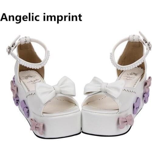 Angelic imprint woman mori girl lolita cosplay shoes lady trifle heels wedges pumps women princess summer sandals bowtie 33-47