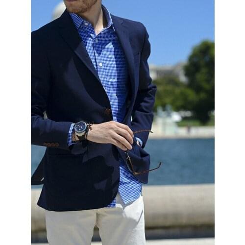 ANNIEBRITNEY Dark Blue 2 Piece Slim Men Suit With White Pants Tailor Made Skinny Groom Wedding Tuxedo Prom Wedding Men Suit Set