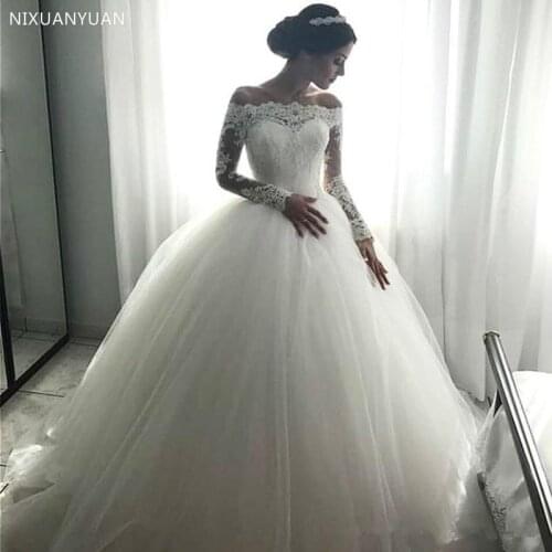 Off Shoulder Long Sleeves Ball Gown Wedding Dresses Bateau Neck Appliques Tulle Floor Length 2021 Elegant Bridal Dresses