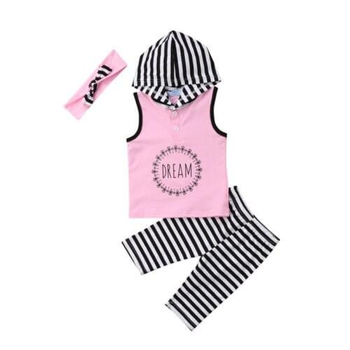 3Pcs Kids Baby Girls Hoodies Top T-shirt +Stripes Leggings+ Headband Outfit Clothes