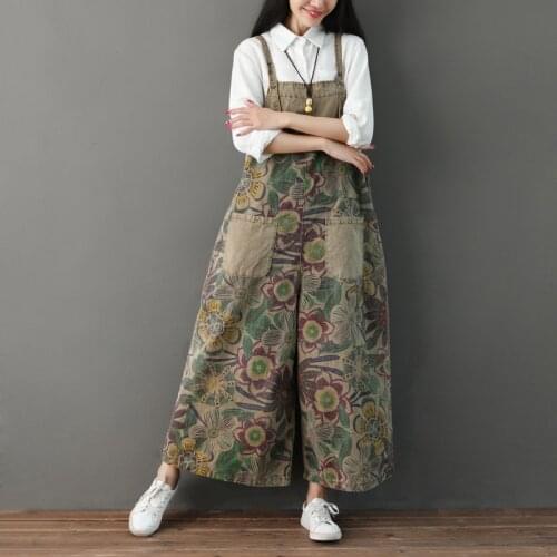 Patchwork Pockets Floral Denim Jumpsuits Women Jeans Straight Wide Leg Plus Size Rompers Baggy Vintage Loose Print Long Overalls