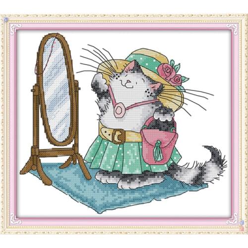 A make-up cat cross stitch kit aida 14ct 11ct count printed canvas stitches embroidery DIY handmade needlework