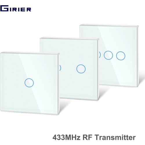 Girier 433Mhz RF Touch Remote Controller Tempered Glass Panel Wireless Wall RF Transmitter 1/2/3 Gang Works with 433Mhz Receiver