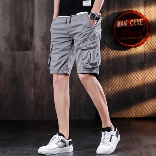 2021 Summer Solid Color Casual Shorts Multi-Pocket Men Cargo Shorts Cotton Baggy Straight Beach Knee Length Pants