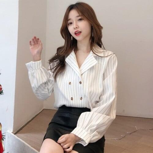 JuneLove spring Korean Double-breasted Blouse Women White Shirt Striped Female Vintage Blusas Mujer De Moda Office Lady Tops