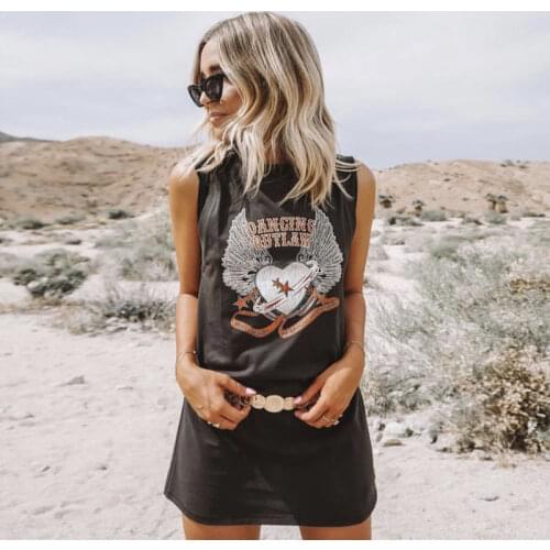 Western Cowboy Style Womens Summer O-Neck Printed Sleeveless Vest Suspenders Chic Trendy Fashion Loose T-shirt Top