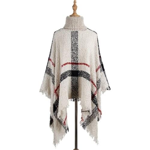Women Irregular Sweaters High Collar Tassel Cape Shawl Loose Large Turtleneck Poncho Coat