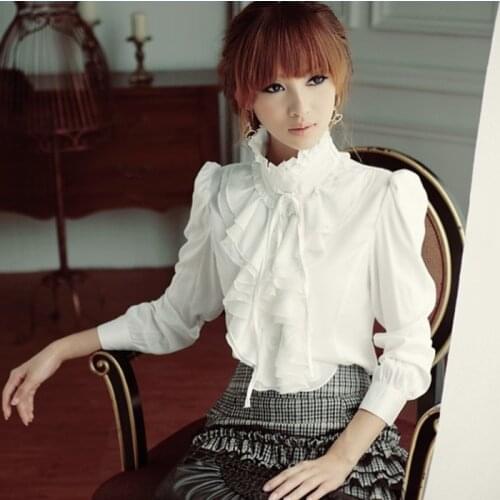Women Lolita Shirt Long Sleeve Stand Collar Chiffon Blouses With Ruffles Sweet Spring Ladies Bow Shirt Royal Style Gothic Shirt