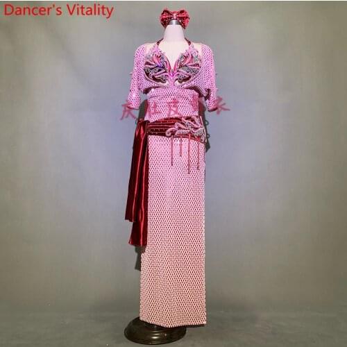 Women Belly Dance Competition Outfits Customized Glitter Diamond Bra Robe Belt Set Oriental Indian Drum Dancing Performance Suit