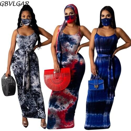 Women Spaghetti Strap Sleeveless Bandage Dress Tie Dye Print Summer Beach Long Dress Retro Empire Sash Backless Dress With Mask