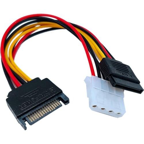 1pcs 15Pin SATA Male to 4Pin IDE Molex Female + 15Pin SATA Female Power Cable