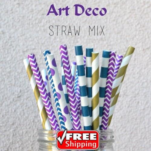 250pcs Mix 5 Designs Art Deco Themed Paper Straws-Navy,Purple,Gold-Stripe,Dot,Chevron-Wedding Bar Party Table Decor Mason Jar