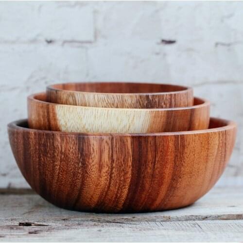Hand-made Solid Wood Bowl Large Small Round Wooden Bowls Salad Soup Dining Serving Bowls Plate Wooden Kitchen Utensils Tableware