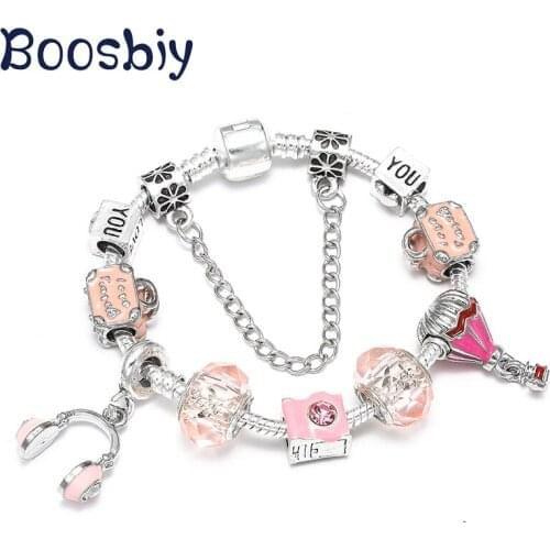 Boosbiy New Fashion Charm Bracelet for Women Pink Murano Glass Beads Bracelet For Women Romantic Jewelry Gift