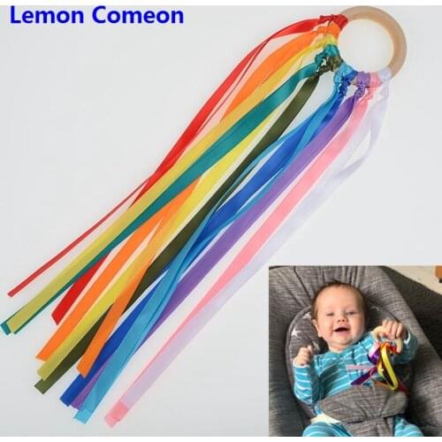 Lemon Comeon Natural Wood Teething Beads Colorful Ribbon Wooden Ring Teether Baby Teat Molar Sensory Teething Toy Wood Teether