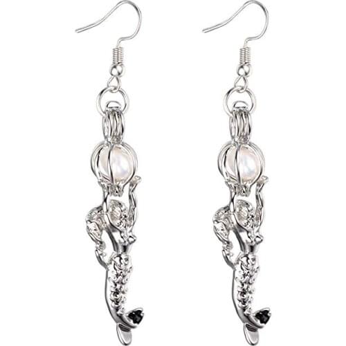 HENGSHENG Pearl Oyster Locket Cage 6-7 mm Freshwater Cultured Oval Pearls Mermaid Pendant Dangle Earrings